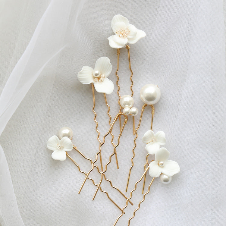 Nestina Accessories Wedding Hair Pins, Blossoms Hair Pins with Clay Flowers, Bridal Hair Piece Câlin Style 21005 Gold