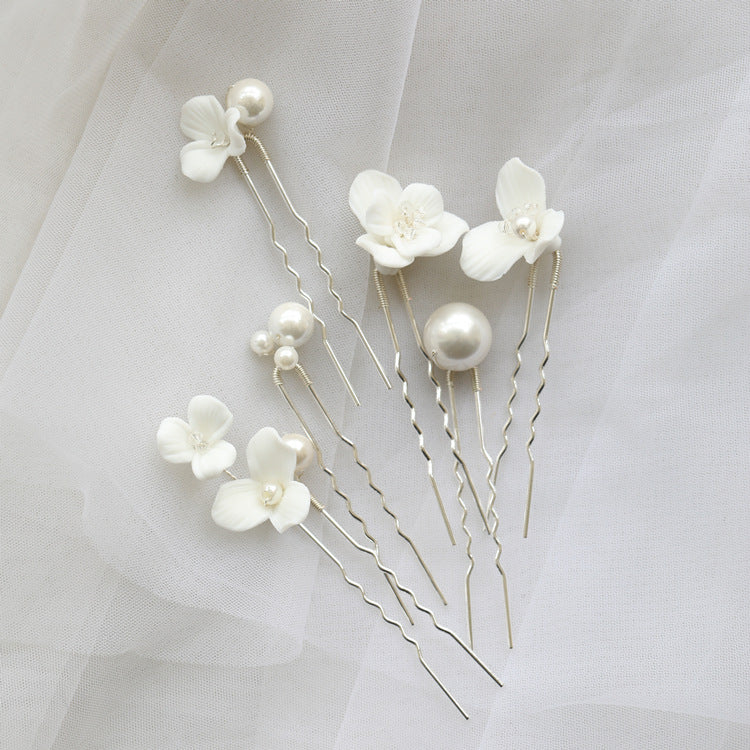 SNOWDROP - White Ceramic Floral Hair Pins Set, Clay Floral Hair Pins, Silver Clay Bridal Hair Pins, hotsell Silver Hair Pins, Pearl Hair Pins