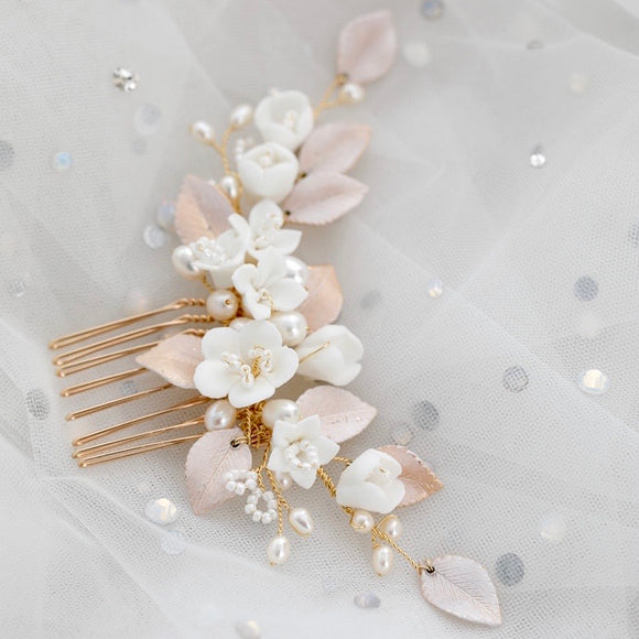 Bridal headpiece, hair accessory with flowers - Double flower and pearl  spray hair comb - Style #977